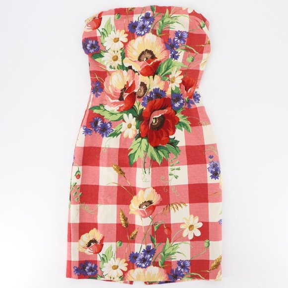 SOLD - Vintage Mica Red Gingham Floral Strapless Mini Dress Cotton/Linen/Silk - Picture 8 of 15